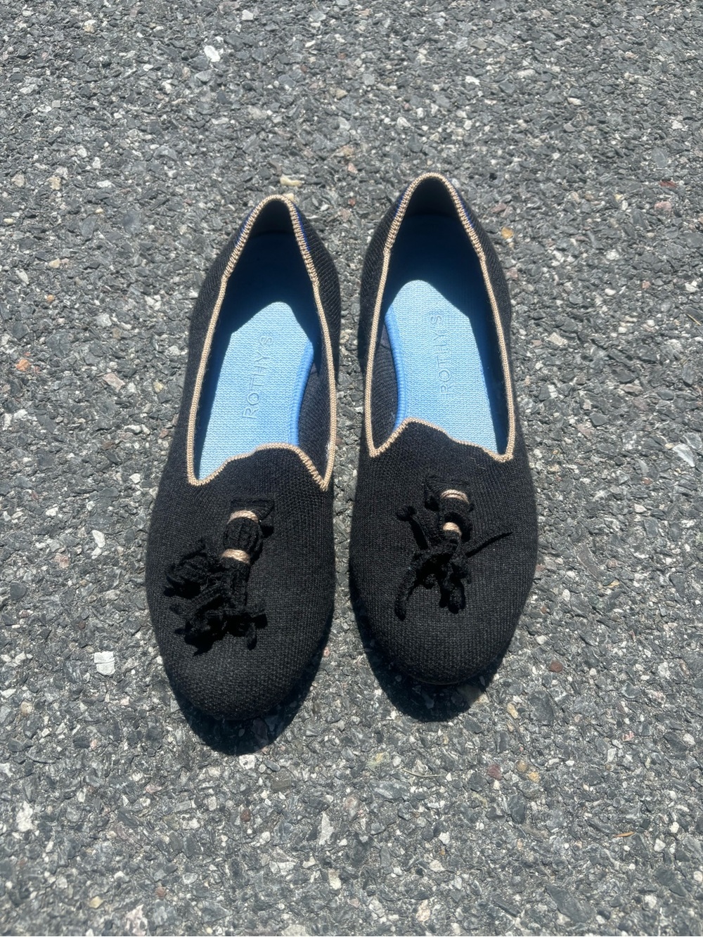 Rothy's Black Knit Tassel Loafers with Cream Trim